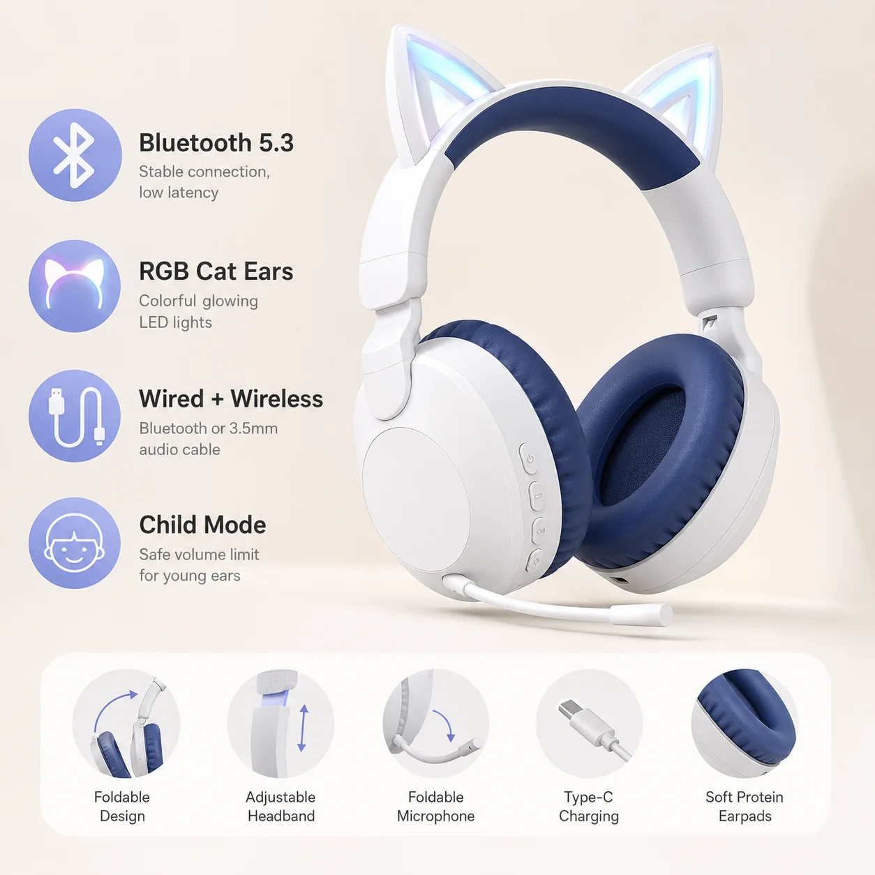 Детские наушники Bluetooth 5.3 с кошачьими ушками, RGB-подсветкой, микрофоном, ограничением громкости 85/94 дБ, 20 часов работы от батареи, Type-C для онлайн-обучения.