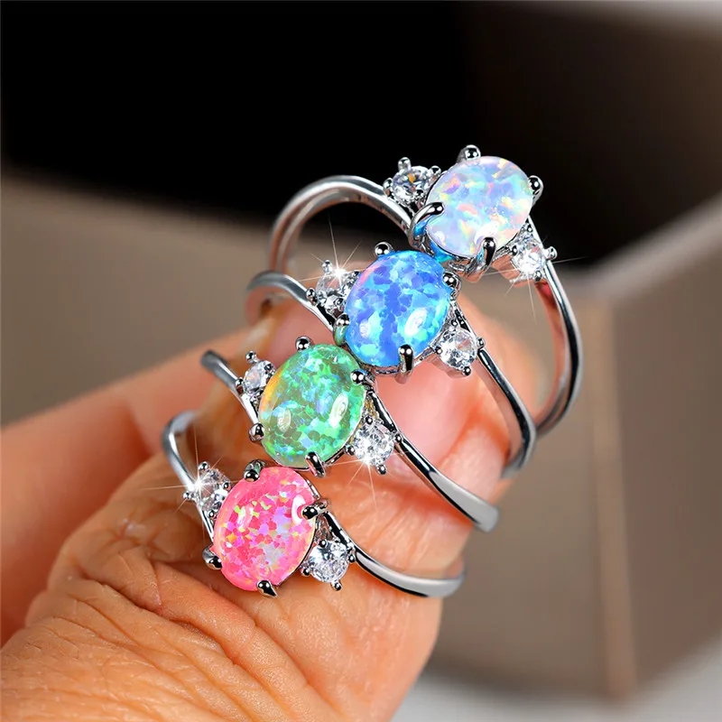 Cute Female Geometric White Pink Fire Opal Ring Small Oval Stone Fashion Silver Color Wedding Jewelry For Women