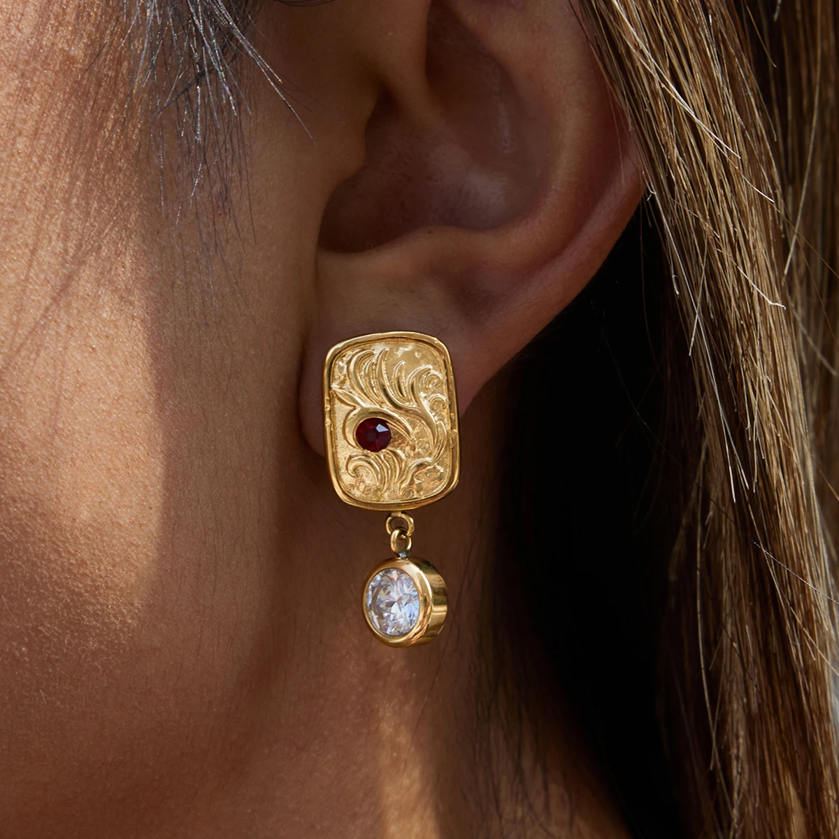 

AIKOER Unique 18K Gold Color Plated Inlay Red Zircon Square Antique Coin Pendant Earrings Hypoallergenic Stainless Steel Jewelry