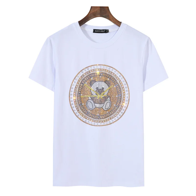 2023 Cartoon Bear Rhinestones Graphic T Shirts for Women Fashion Streetwear O Neck Ladies Short Sleeve Womens Tshirts Big Sizes