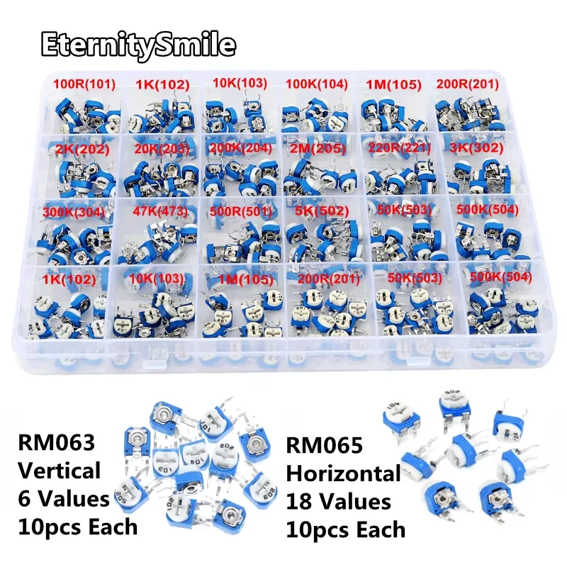 240Pcs/Box 24​Values RM063/65 Trimmer Potentiometer Kit 100R-2M-500K Adjustable Resistance Horizontal/Vertical Variable Resisto