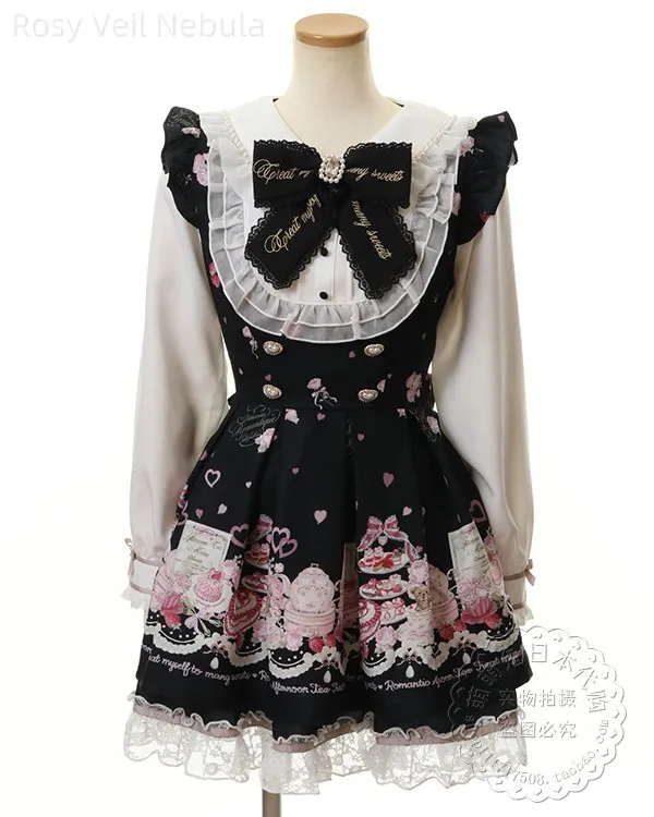 طقم فستان ليز 2025 ربيع جديد لطيف دمية طوق كم طويل مطبوعة الكشكشة مطوي فستان + تنورة قصيرة الزي نمط الشاي بعد الظهر #4