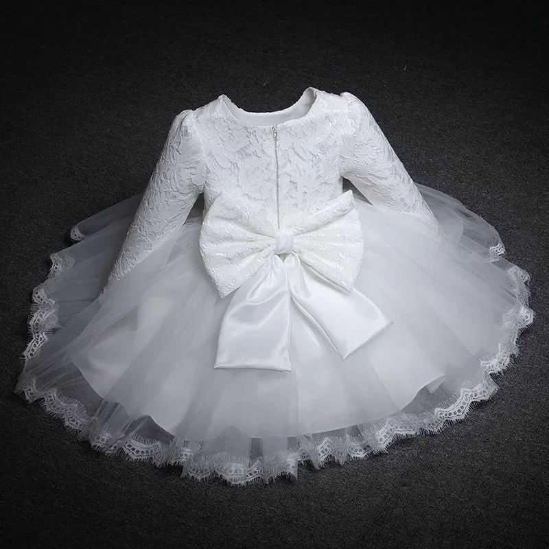 Baby Girls Long Sleeve Dresses for Party Wedding Lace Big Bow Dresses Infant Girl 1st Birthday Princess White Baptism Dress