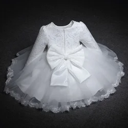 Baby Girls Long Sleeve Dresses Summer Party Wedding Lace Big Bow Dresses Infant Girl 1st Birthday Princess White Baptism Dress