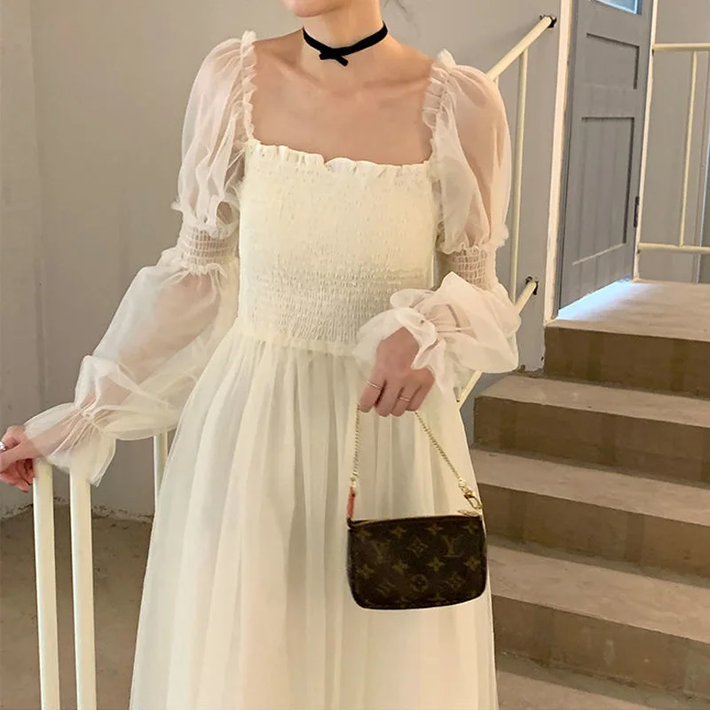 

Sweet Chiffon Mesh Dress Women New Elegant High Waist Square Neck Puff Sleeve Long Dresses Woman Spring Summer