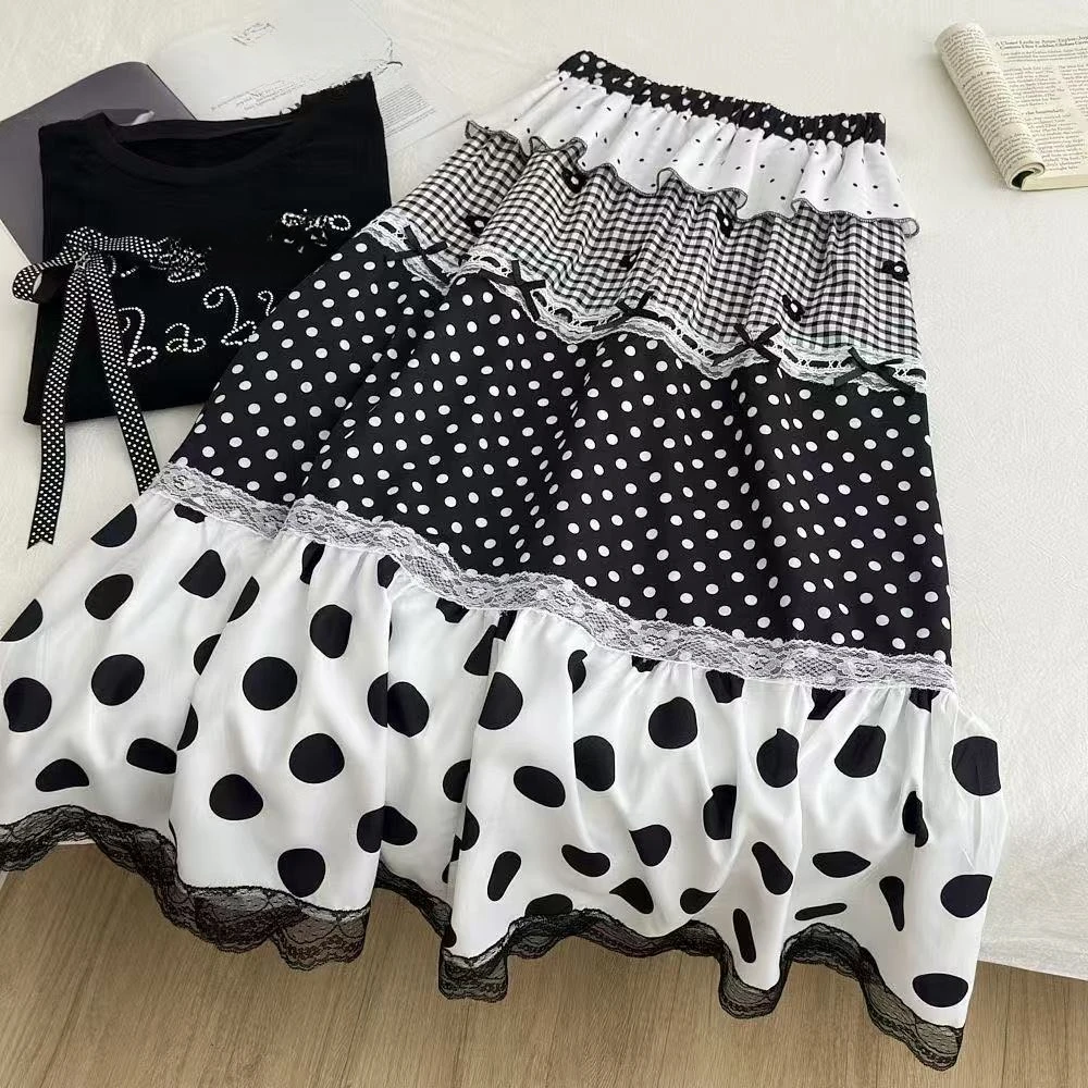 Vintage Floral Patchwork Midi Skirt Ladies Colorful Printed Lace Tiered Cake Skirt Elastic High Waist Sweet Country Travel Wear