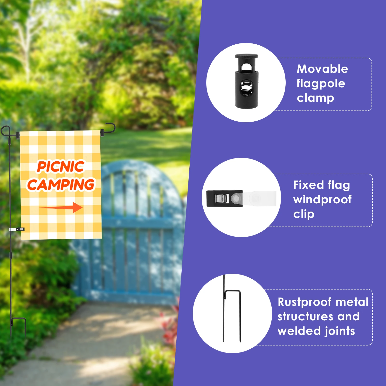 حامل علم الحديقة مقاس 34 بوصة أعمدة علم من الحديد المطاوع لأعلام 13 بوصة مقاومة للصدأ مع مشابك مضادة للرياح لحديقة الحديقة الخارجية