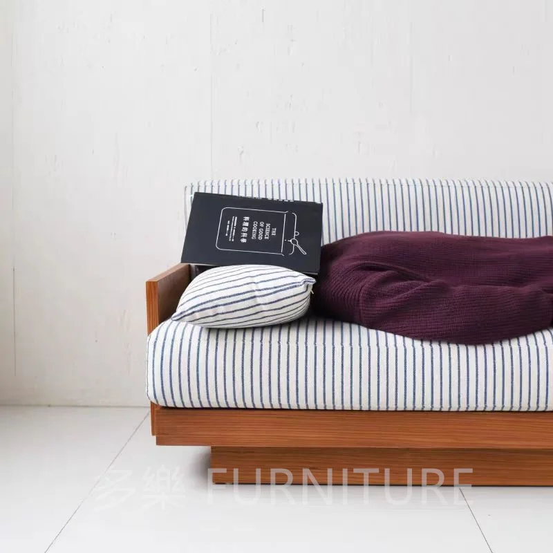 Solid wood cotton and linen fabric sofa retro small apartment living room striped fabric sofa