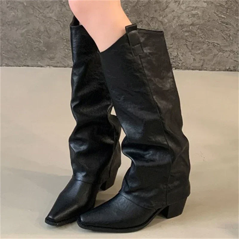 

Aneikeh Fashion Long Knee-High Boots Autumn Winter Pointed Toe Square Low Heels Design Splicing Women Party Dress Shoes