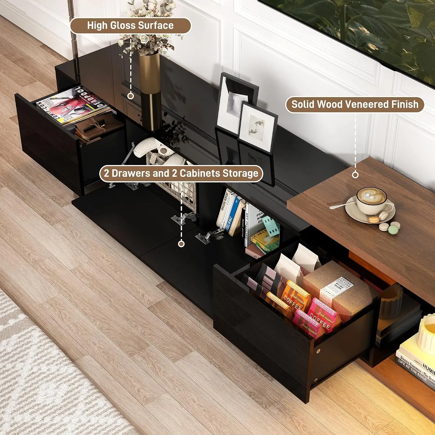 Extendable TV Stand LED Light Entertainment Center 120 Inch TV Wood Console 2 Drawers  75