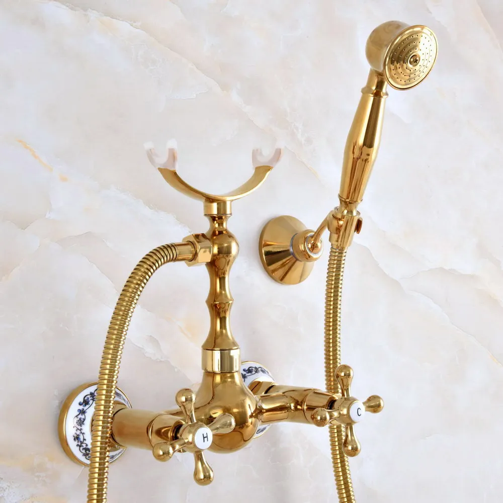 

Contemporary Gold Color Brass Wall Mounted Bathroom Shower Faucet Set with 150CM Hose Handheld Spray Head Mixer Tap Dna940