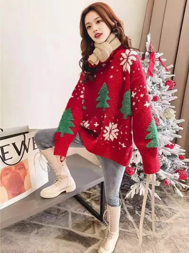 

Autumn Winter Women Celebaration For Christmas O-Neck Sweaters Color Red Dark Blue Beige Trees And Snowflakes Pattern Jacquard