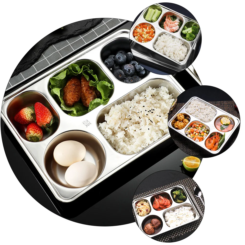 

1Pcs 5 Compartments Stainless Steel Food Plate Rectangular Lunch Tray for Dieting Lunch Compartment Tray Food Divided Plate