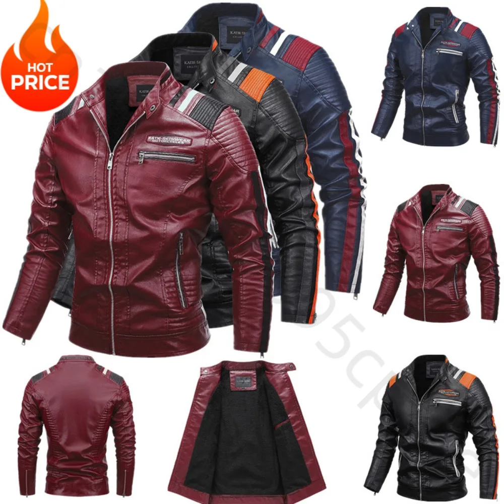 2024 Men Autumn Jacket Bomber Biker Zipper Motorcycle Faux Fur Coat Male Fleece Pilot Vintage Black Red Brown PU Leather Jacket