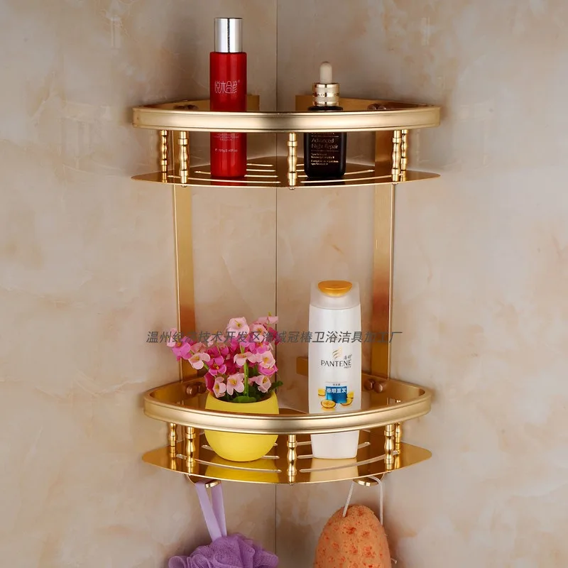 

Space Aluminum Tripod Storage Rack, Double Corner Shelf, Shower Organizer, Rose Gold, Bathroom