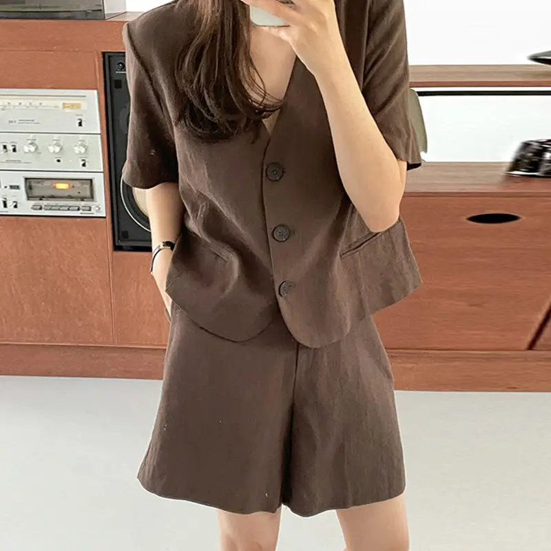 New Summer Stylish V-Neck Single Breasted Suit + Cotton And Linen Shorts Two-Piece Set Retro Fashion Casual Blazer Outfits Z1642