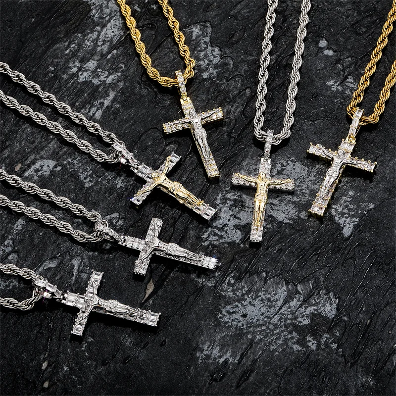 Sparkling AAA+ Zircon Cross Pendant Necklace Men Copper Jesus with 3mm Twisted Chain Collar Drop Shipping