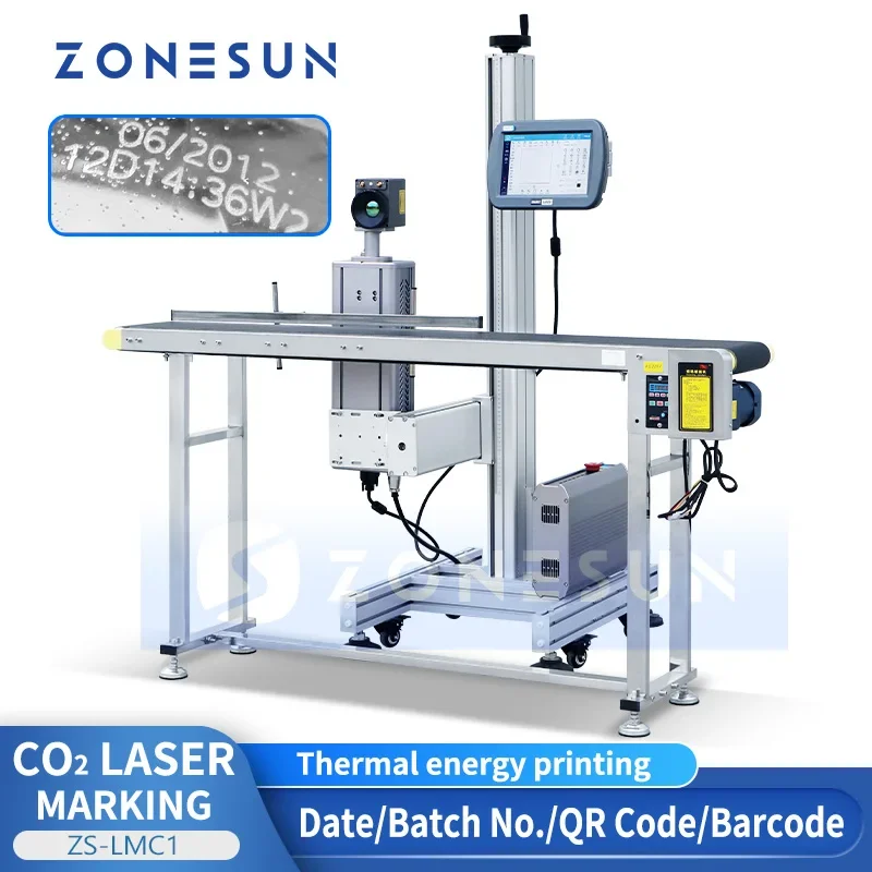 ZONESUN-máquina de impresión láser CO2, logotipo de código de fecha, marcado de código de barras QR, botella de producción, línea de embalaje de madera de cuero, ZS-LMC1