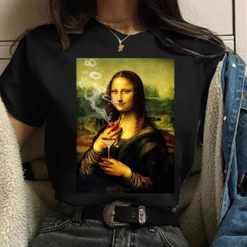 Vintage Humor Mona Lisa Print Women Fashion Top Funny Rose Mona Lisa T-Shirt Classic Camise Breathable Short-sleev