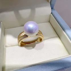 Natural Fresh Water Bright White 11-12mm Edison Round Pearl Ring with Heavy Craft Gold Brushed Matte Retro Palace Style Jewelry