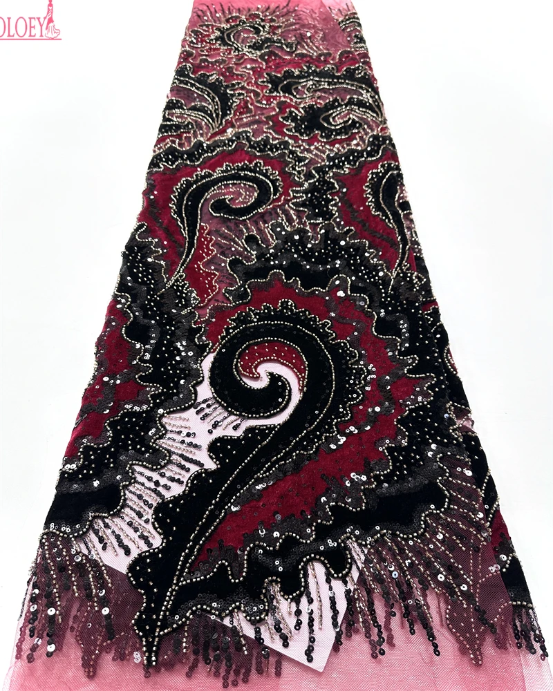 Luxury Velvet Black Beaded Lace Fabric 5 Yards High Quality 2025 Fashion Sequin African Laces for Women