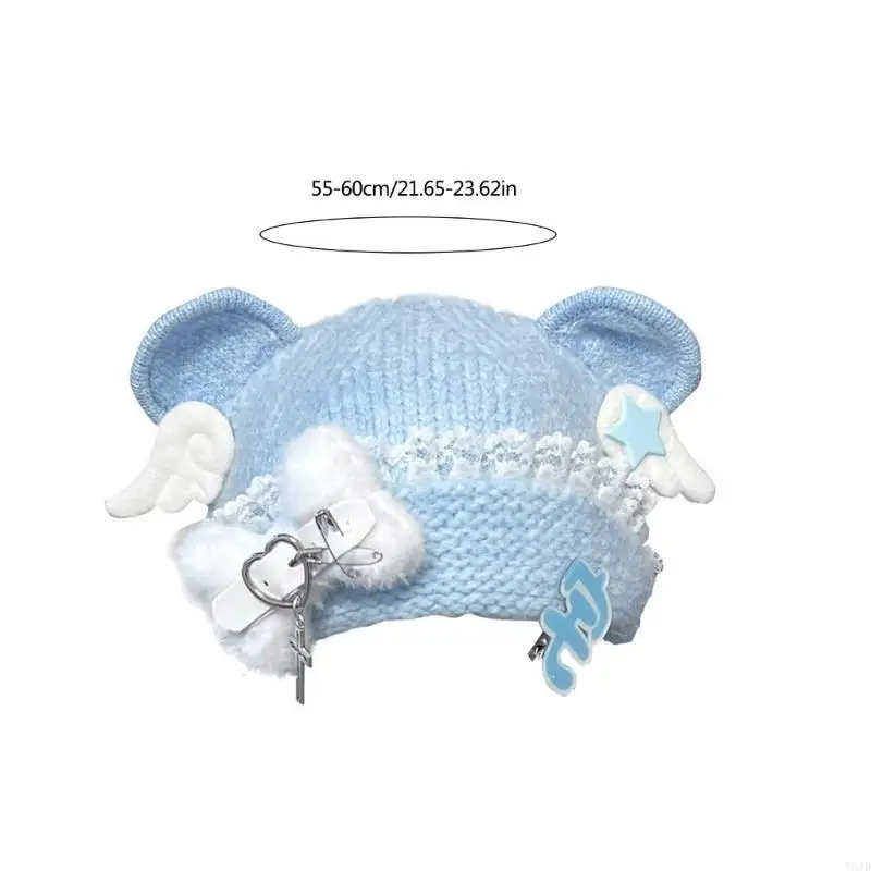 Y5JD Punk Cartoon Cartoon Hat مع أذن جميلة وعظام للرياضة في الهواء الطلق فروي بيني قبعة رأس كبيرة الحجم لفصل الشتاء #6