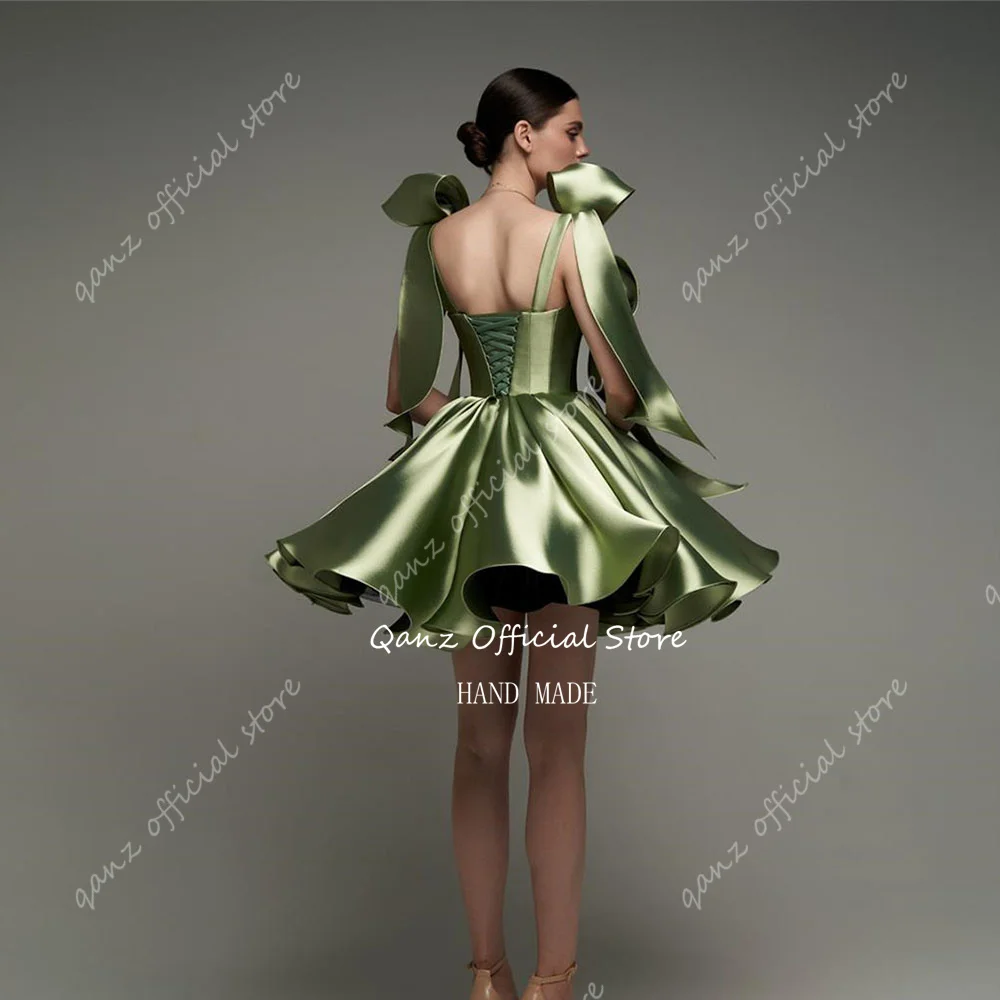 Qanz Short Vestidos De Graduaciones Mujer Juvenil Bow Straps Green Satin Mini Cocktail Dresses Customized Homecoming Dress