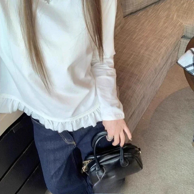 달콤한 플리츠 레이스 밑단 긴 소매 셔츠 여성 가을 겨울 한국 스타일 다용도 심플 화이트 이너웨어 탑 의류