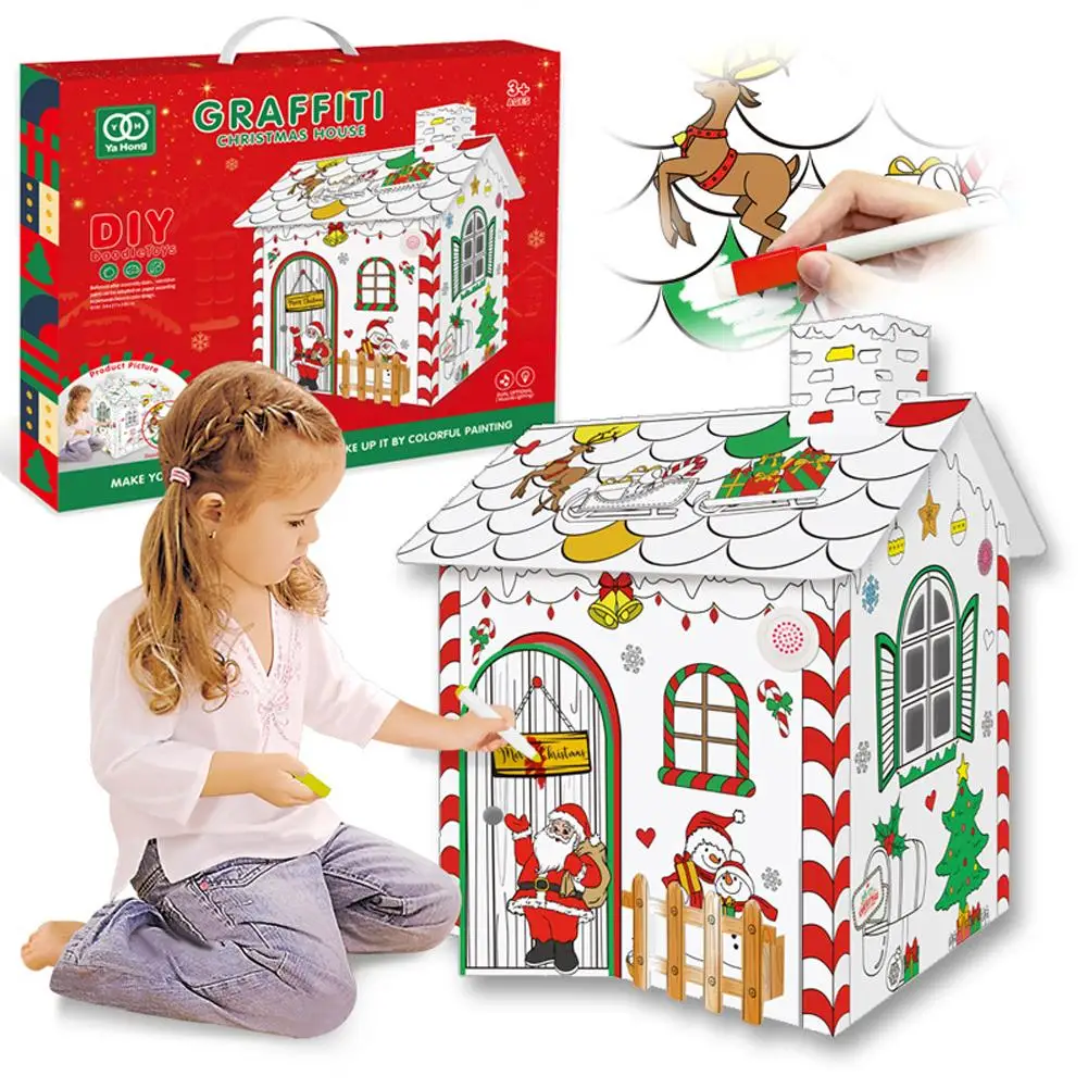 1PCS Yahong DIY Graffiti Cardboard Toy 3D Puzzle With Light Music Christmas Gift Children Assembly Craft Sweet House Model
