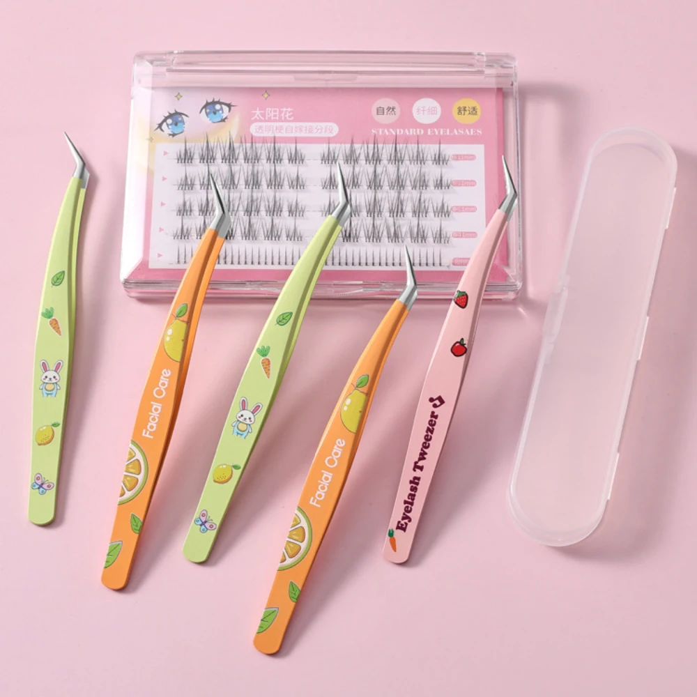 1/2 個ステンレス鋼つけまつげピンセット帯電防止湾曲したストリップフルーツスタイルハンドル 3D まつげエクステンションピンセットメイクアップツール