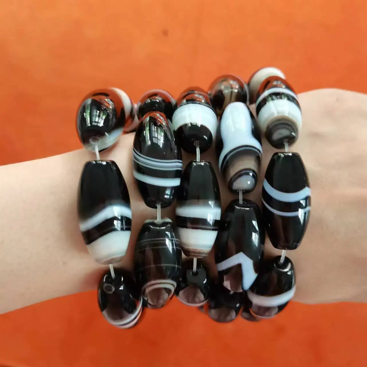 1pcs/lot natural stone homologous wide stripe wrapped silk old agate beads black white long bulk accessories gem jewelry amulet