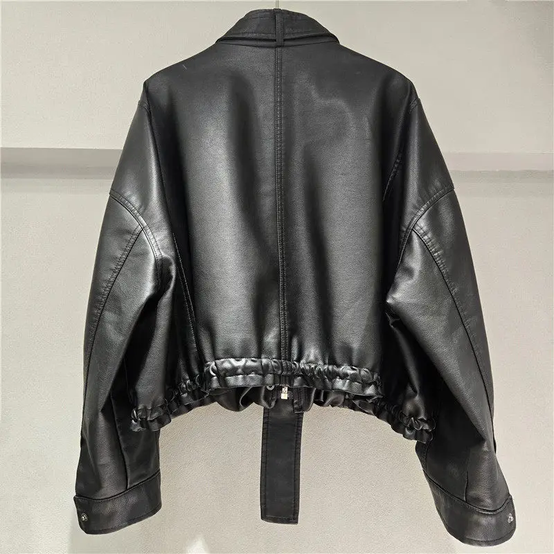 Black Faux Pu Leather Jacket Stand Collar Big Pockets Zipper Long Sleeve Spring Autumn New Women Casual Biker Jacket Streetwear