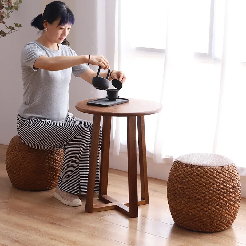 Household Small Stool with Cane Weaving Solid Wood Tatami Tea Table Shoes Changing Sitting Stool for Living Room Trendy Design