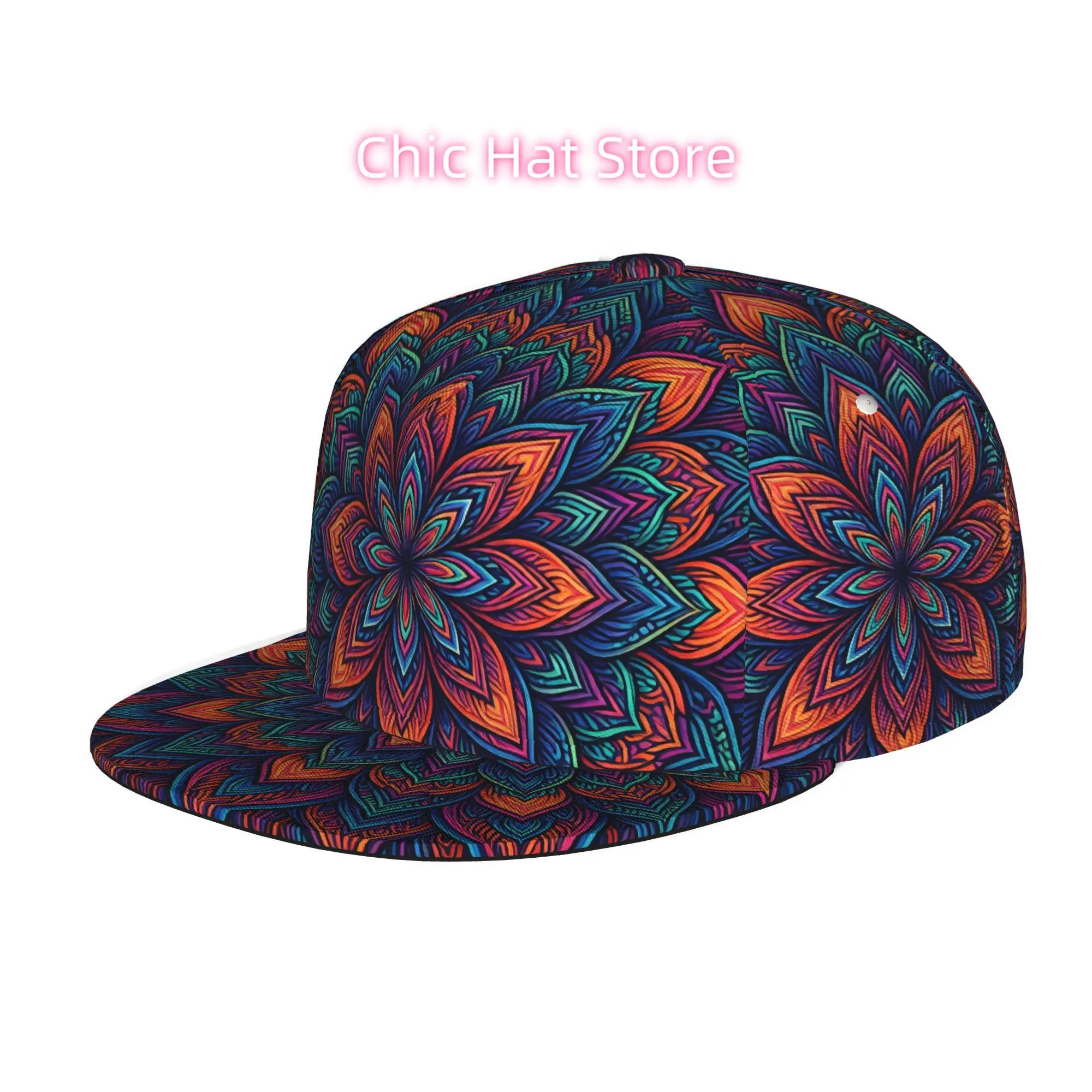Boné de beisebol com estampa vibrante e psicodélica de mandala, unissex, com aba reta, estilo hip hop, streetwear, snapback, para skate.
