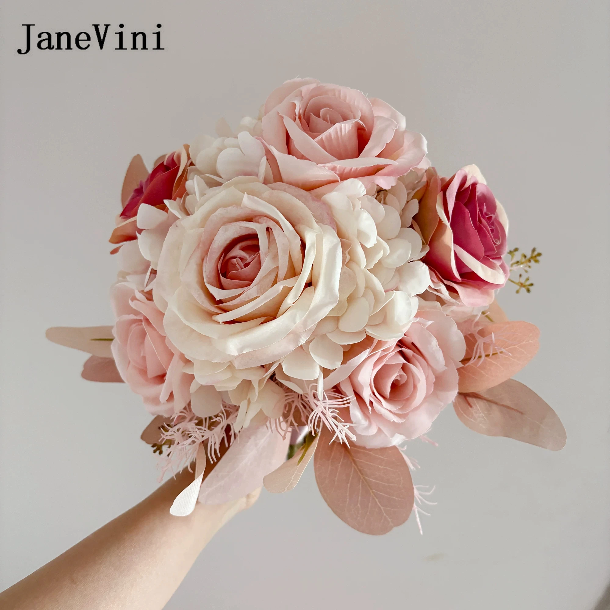 JaneVini Ramo de flores de novia con rosas rosas elegantes, ramo de flores artificiales de seda para novia, ramo de boda para dama de honor, Ramo De Novia