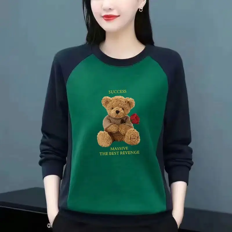 2024 New Spring Autumn Cotton Blouse Round Neck Middle-aged Sweater Women's Stitching Long Sleeve Plus Size T-shirt Casual Tops