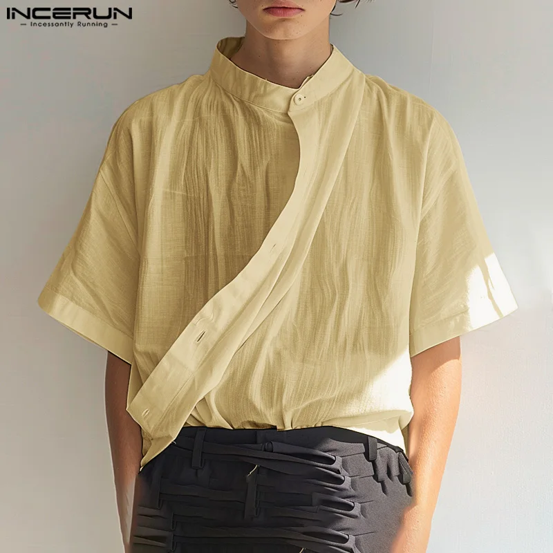 INCERUN 2024 Cotton Shirts Summer Tops Men Stand Collar Button Down Solid Color Casual Blouse Men Clothing Chemise Oversize Tee