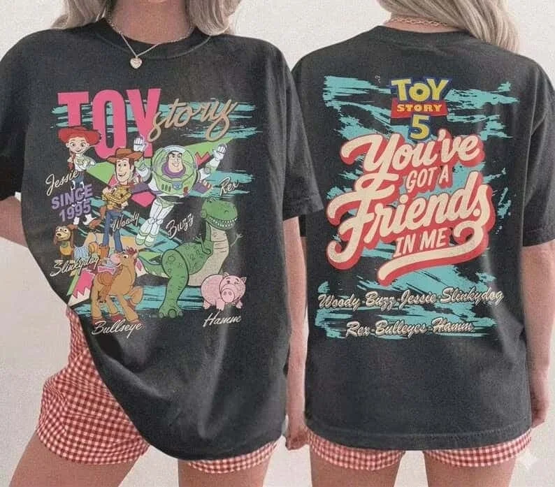 Disney Pixar Toy Story 5 Black Vintage Graphic Tee Front Back Print You've Got A Friend in Me Oversized Short FamilyMatching