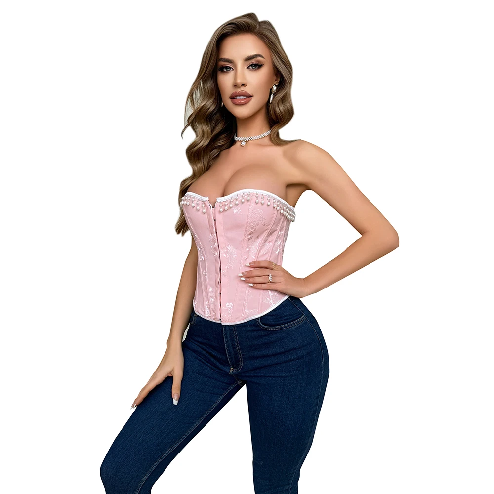 Pink Floral Overbust Corset Fashion Pearl Tassel Bustier Top Lingerie Korset Shaper