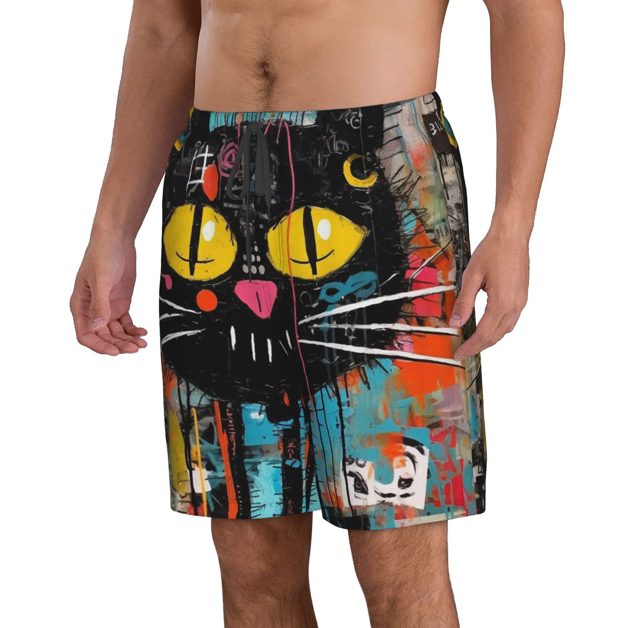 Colorful Graffiti Cat Trunks Beach Board Shorts Casual Quick Dry Swimming Summer Men Pants