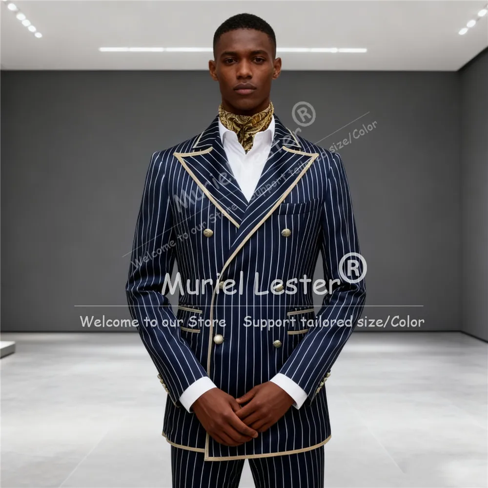 

Мужские костюмы в темно-синюю полоску, двубортный двубортный пиджак + брюки, тонкий элегантный повседневный деловой костюм для жениха, наряды-смокинги для жениха