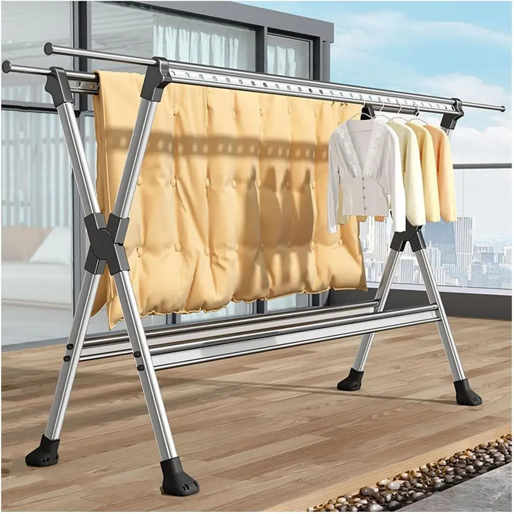 

Indoor/Outdoor Folding Clothes Drying Rack, Anti-Slip Feet, Adjustable Bar, Silver, L250cm/98in