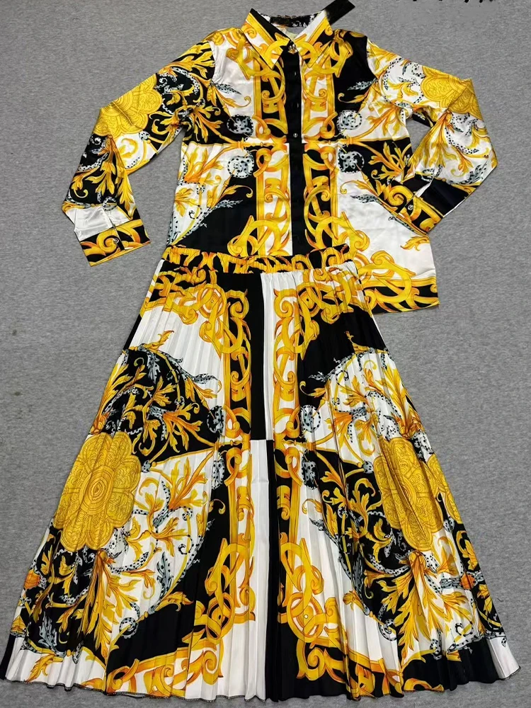 Temperament printed lapel single-breasted shirt Spring/Summer 2025 new women's suit+high waist and big skirt two-piece suit