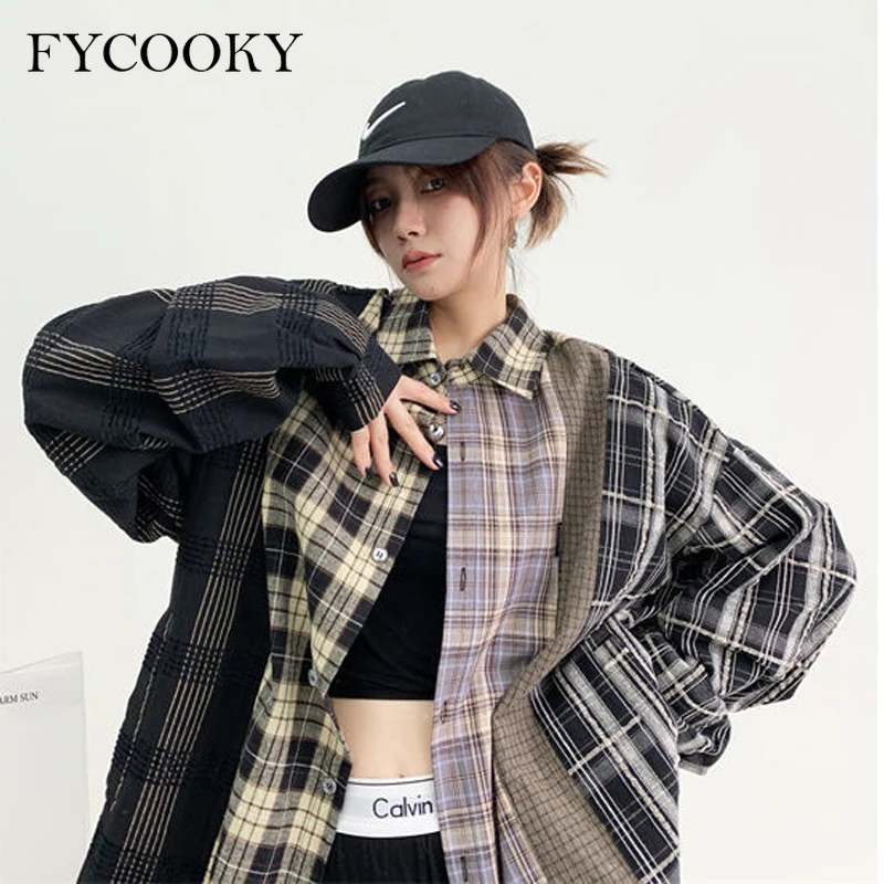

American High Street Plaid Shir Women Fashion New Single Breasted Vintage Patchwork Loose Long Sleeve Thin Shirt Jacket