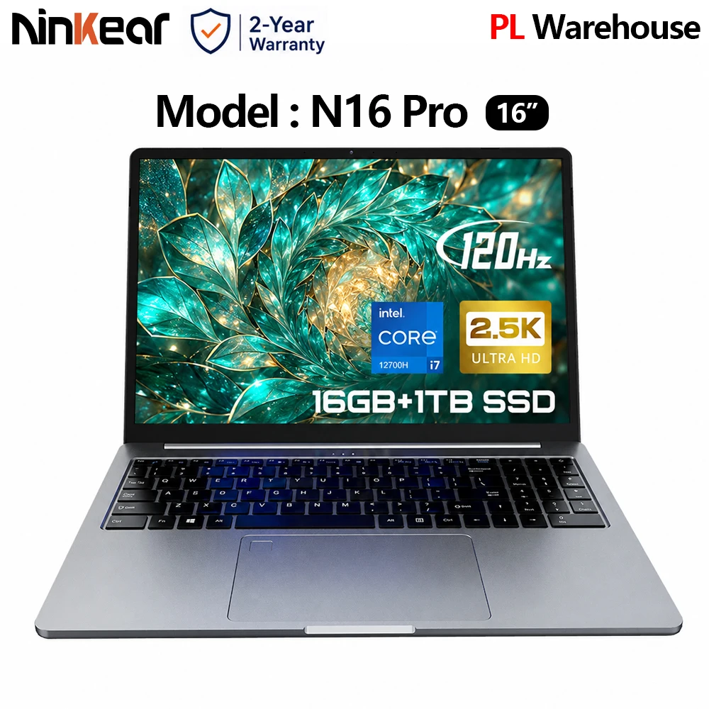 Ninkear N16 Pro Ordinateur Portable 16 Pouces Intel i7-12700H 16Go RAM 1To SSD Écran 2.5K 120Hz WiFi 6 Clavier Rétroéclairé Empreinte Digitale Notebook Métallique Fin Prise EU