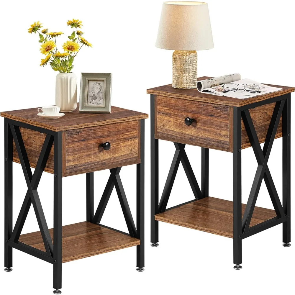 Nightstands Set of 2, Modern Bedside End Tables, Night Stands with Drawer and Storage Shelf for Living Room Bedroom