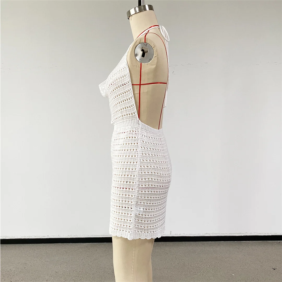 V-Ausschnitt, halterneck, rückenfrei, einfarbig, gehäkelt, gestrickt, Tunika, Strand-Überwurf, Strandkleid, Strandmode, Damen, V8374 – Detail 12