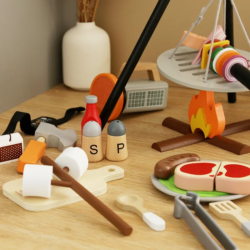 Ensemble de jeu de Simulation de Camping en bois pour enfants, pique-nique en plein air, barbecue, Simulation de feu de camp, jouets de cuisine, cadeau d'anniversaire pour enfants