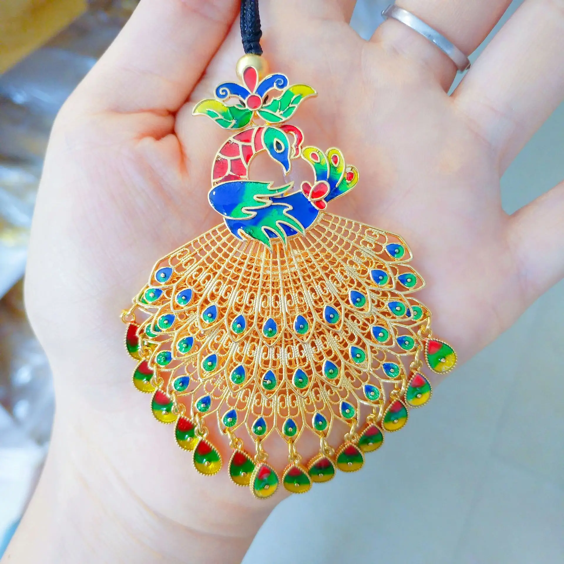 Pure gold 24K gold enamel painted ancient peacock open tail pendant necklace AU750 hollow pendant for women