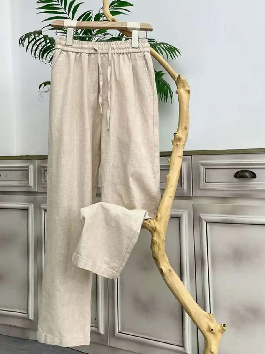 

Летние мужские свободные прямые брюки из хлопка и льна, повседневные, весенне-осенние, новая модель, с завышенной талией, вельветовые, длинные штаны